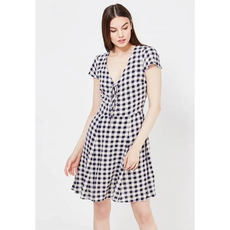 Ralph Lauren Denim & Supply Navy Blue Gingham Short Sleeve Lace Up Mini Dress 10