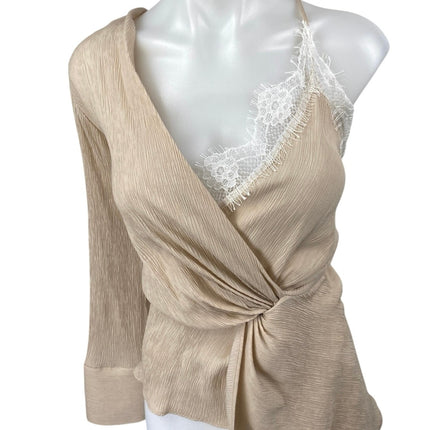 NEW Zara Beige Tan Asymmetrical Cami V Neck Lace One Shoulder Blouse Top Size S