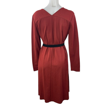 Zara Rust Orange Long Sleeve V Neck Belted Tie Waisted A Line Midi Dress Size M