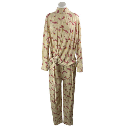 Zara Women's Cream Floral Long Sleeves Tie Front Sleepwear Pajamas Sets Size L