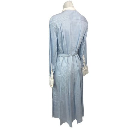Argent Blue White Pinstriped Belted Long Sleeve Button Front Maxi Dress Size S