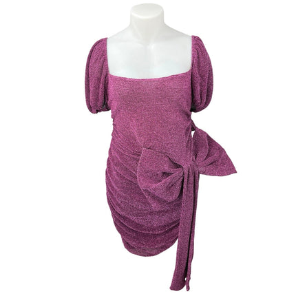 PrettyLittleThing Purple Metallic Sparkly Bow Tie Puff Sleeve Mini Dress Size 16