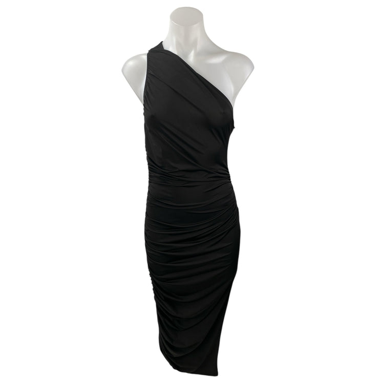 NEW Sincerely Jules Black Sleeveless One Shoulder Ruched Midi Bodycon Dress Sz M