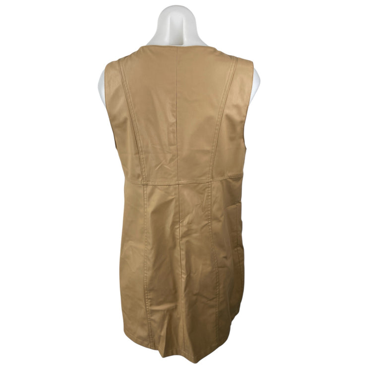 NEW Zara Beige Tan Faux Vegan Leather Sleeveless Button Down Mini Shift Dress M