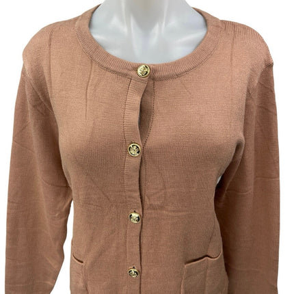 NEW Lillusory Brown Knit Long Sleeve Gold Button Down Cardigan Sweaters Top M