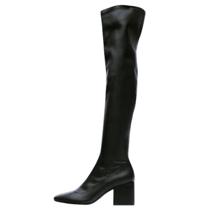 Zara Womens Black Faux Leather Pointed Toe Block Heel Over The Knee Boots 7.5