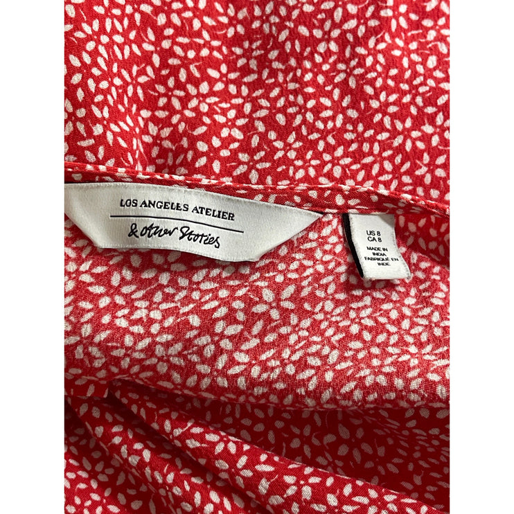 & Other Stories Women's Red Floral V Neck Short Sleeve Midi A-Line Wrap Dress 8