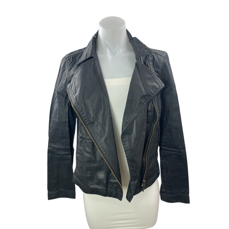 Eileen Fisher Black Faux Vegan Leather Long Sleeve Zip Moto Biker Coat Jacket XS