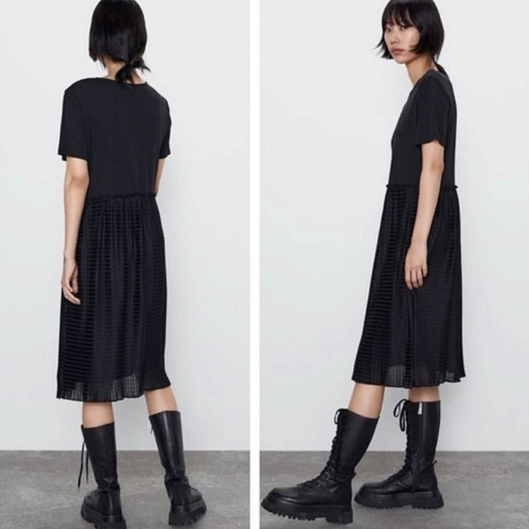Zara Black Short Sleeve Flowy Pleated Round Neck Ruffle Midi T Shirt Dress Sz L