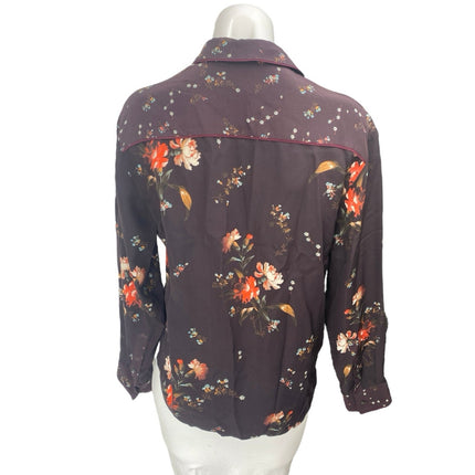 Allsaints Women's Purple Floral 100% Silk Long Sleeve Button Up Shirt Top Size 4