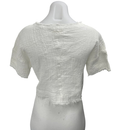New In White Cotton Gauze Frayed Edges Pocket Short Sleeve Crop Tee Shirt Top XS