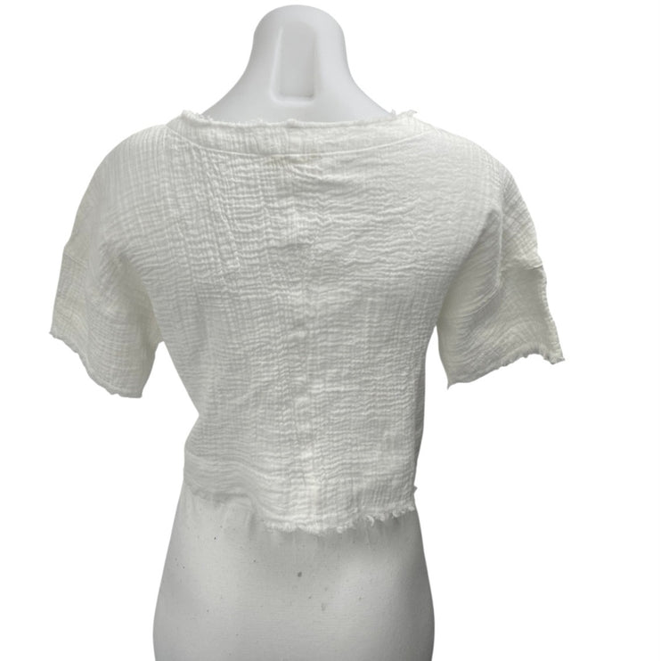 New In White Cotton Gauze Frayed Edges Pocket Short Sleeve Crop Tee Shirt Top XS