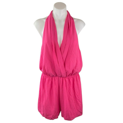 Superdown Women's Pink Sleeveless Halter V-Neck Open Back Jumpsuit Romper Size L