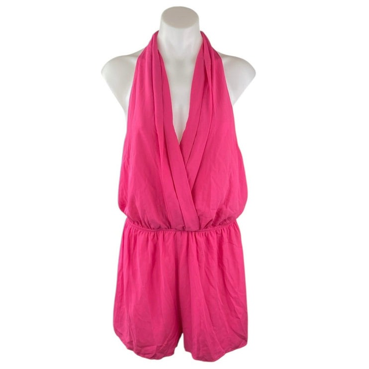 Superdown Women's Pink Sleeveless Halter V-Neck Open Back Jumpsuit Romper Size L