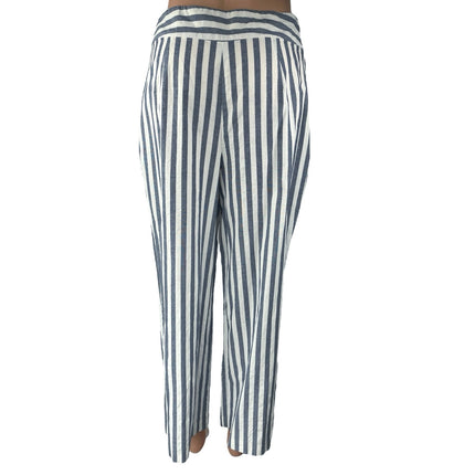 Zara Blue Striped High Waisted Pleated Straight Tapered Ankle Trousers Pants M
