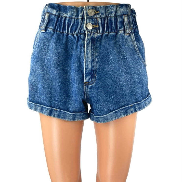 Pacsun Women's Blue High Waisted Elasitc Paperbag Mom Denim Jean Shorts Size 26