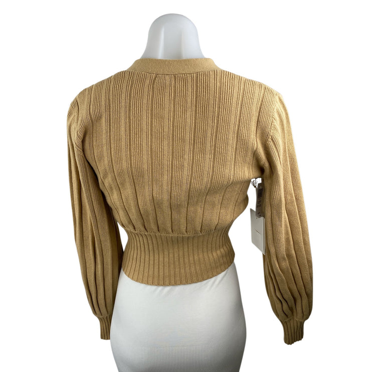NEW Aritzia Wilfred Plunge Front Beige Ribbed Cropped Cardigan Sweater Top Sz XS