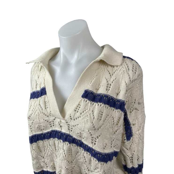 Universal Thread Cream Blue Knit Striped V Neck Long Sleeve Polo Sweater Top S
