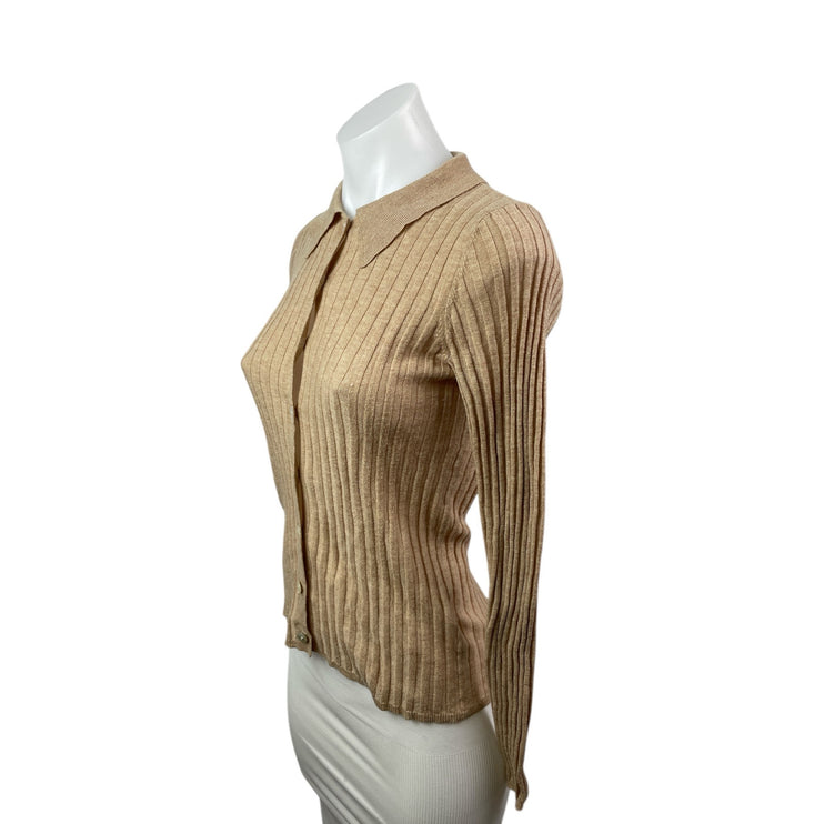 Zara Tan Rib Knit Wool Long Sleeve Collared Button Down Cardigan Sweater Top S