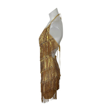 Gold Sleeveless Halter Fringe Sequin Cutout Gatsby Mini Bodycon Dress Size XL