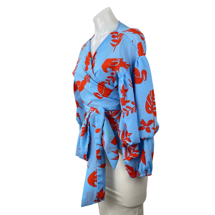 Jealous Tomato Blue Red Floral Long Balloon Sleeve Peplum Wrap Blouse Top Size M