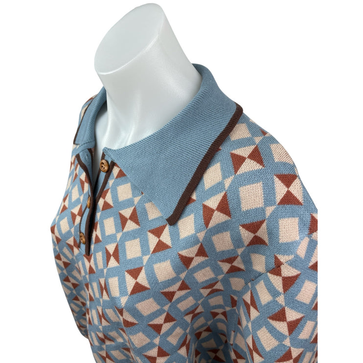 Cider Women's Blue Short Sleeve Argyle Collar Loose Polo Shirt Sweater Size 4XL