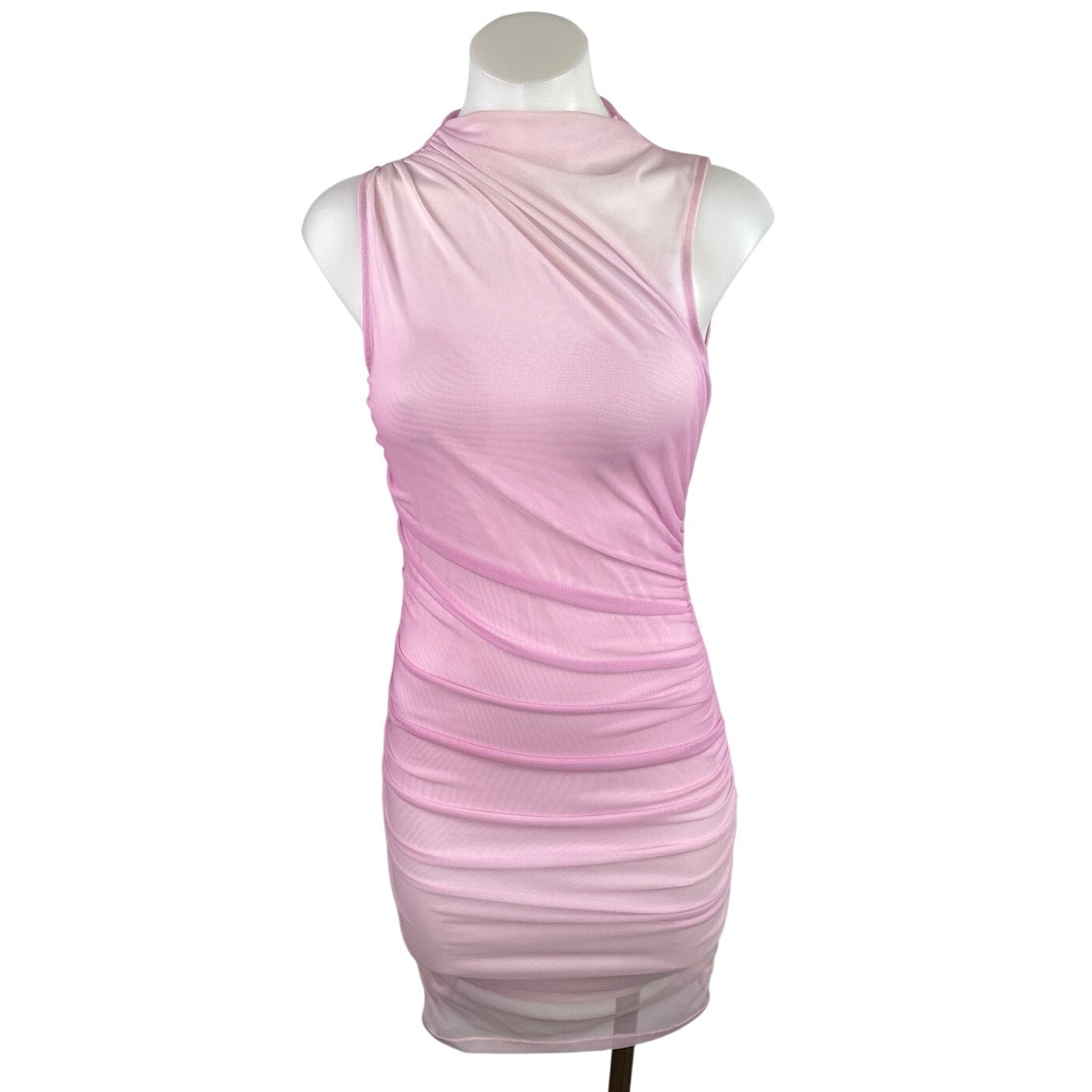 Zara Pink Ombre Sleeveless High Neck Ruched Mesh Sheer Mini Bodycon Ta – Brie