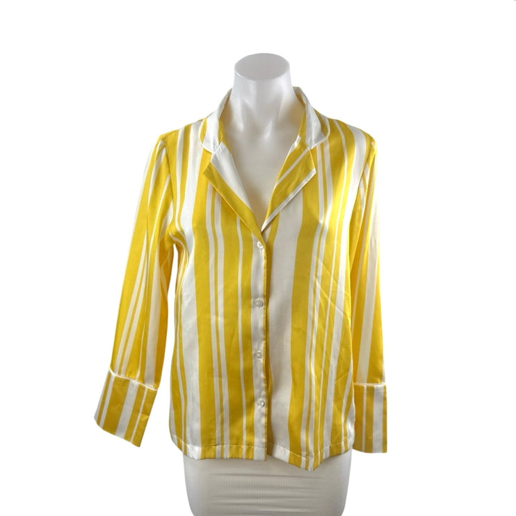 TopShop Women's Yellow Stripe Collared Long Sleeve Button Up Shirt Blouse Top 4