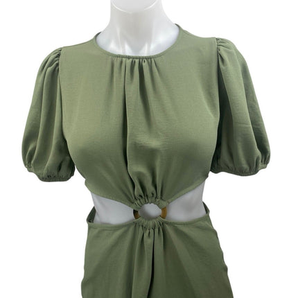 Zara Green Short Puff Sleeve Cutout Waist Crew Neck Maxi A Line Dress Size XS