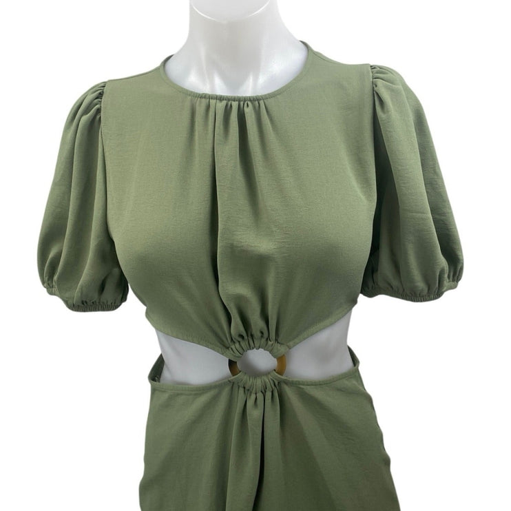 Zara Green Short Puff Sleeve Cutout Waist Crew Neck Maxi A Line Dress Size XS