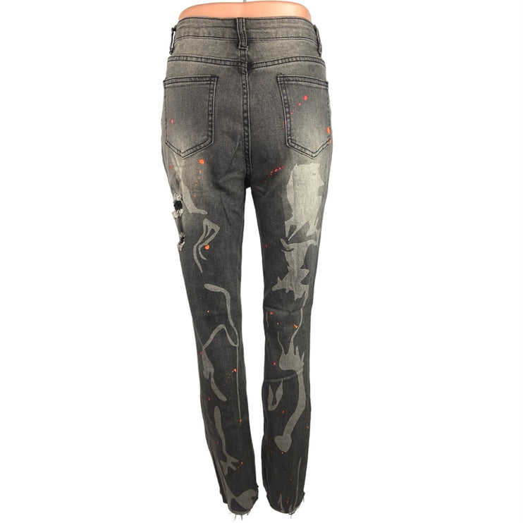 Shein Black Washed Cotton Paint Splatter Distressed Straight Leg Jeans Size 27