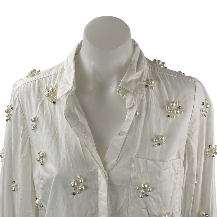 Anthropologie Maeve Women's White Beaded Long Sleeve Button Down Shirt Top XS