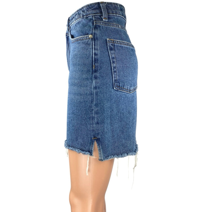 H&M Women's Blue High Waist Frayed Raw Hem Mini Denim Jeans Pencil Skirt Size 4