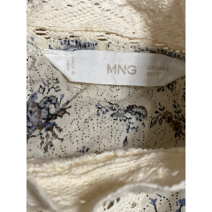 MNG Mango Overy Cream Black Floral Lace Embroidered Long Sleeve Blouse Top Sz 4