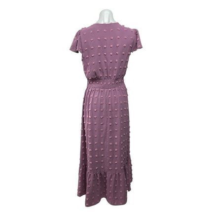 Fashion Women's Purple Short Flutter Sleeve V Neck Swiss Dot Maxi Dress Size M