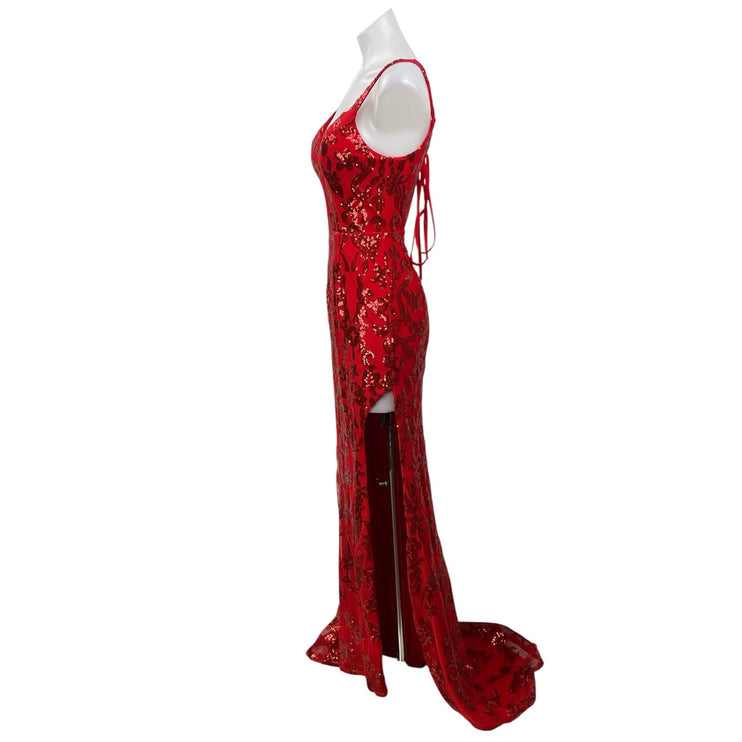 HY Red Sequin Sparkly Sleeveless Plunge V Neck Slit Cami A Line Maxi Dress M