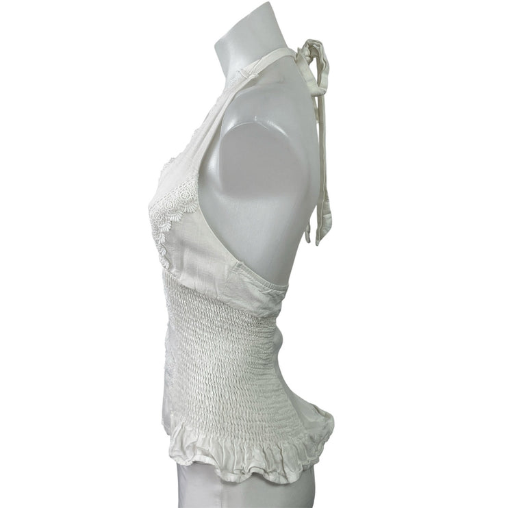 Princess Polly White Lace Halter V Neck Ruffle Smocked Open Back Blouse Top Sz 0