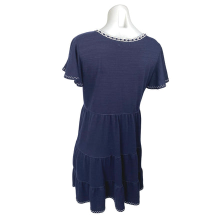 Max Studio Navy Blue Floral Embroidered Short Sleeve Tiered Mini Dress Size M