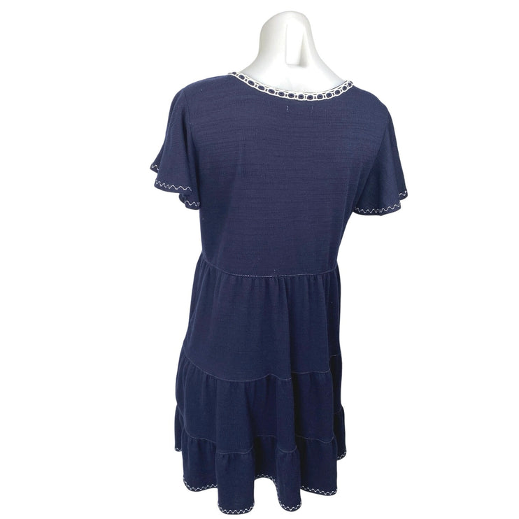 Max Studio Navy Blue Floral Embroidered Short Sleeve Tiered Mini Dress Size M