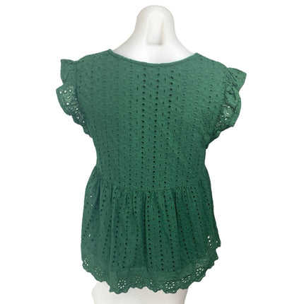 The Impeccable Pig Green Embroidered Eyelet Ruffle Babydoll Blouse Top Size M