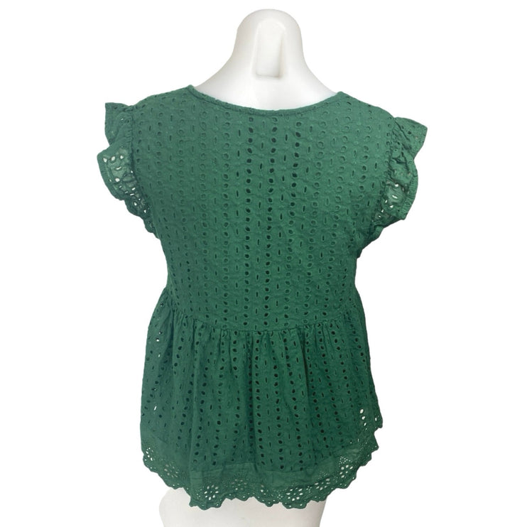 The Impeccable Pig Green Embroidered Eyelet Ruffle Babydoll Blouse Top Size M