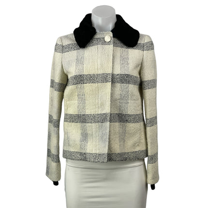 Tory Burch Cream Black Wool Long Sleeves Plaid Collared Front Zip Coat Jacket 4