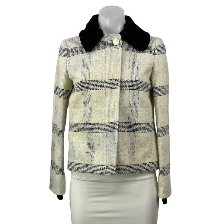 Tory Burch Cream Black Wool Long Sleeves Plaid Collared Front Zip Coat Jacket 4