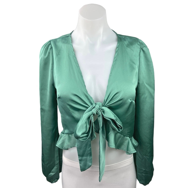 Sage The Label Green Satin Peplum Tie Front Puff Sleeve V-Neck Crop Top Blouse S