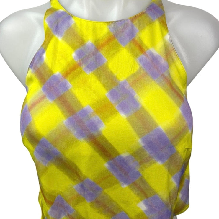 & Other Stories Yellow Purple Plaid Zip Sleeveless High Neck Crop Top Size 2