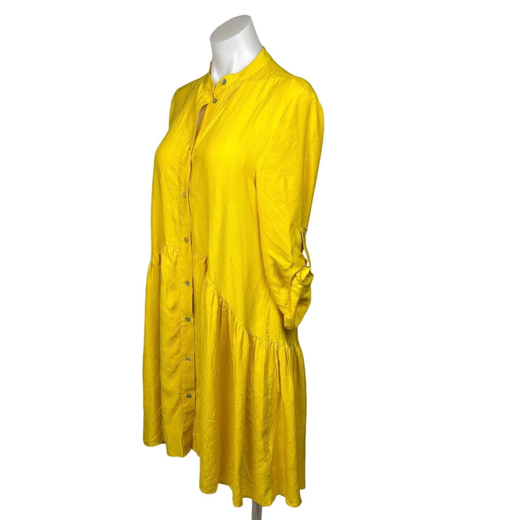 Zara NWOT Women's Yellow Roll Tab Sleeve Button Down Mini Shirt Dress Size S