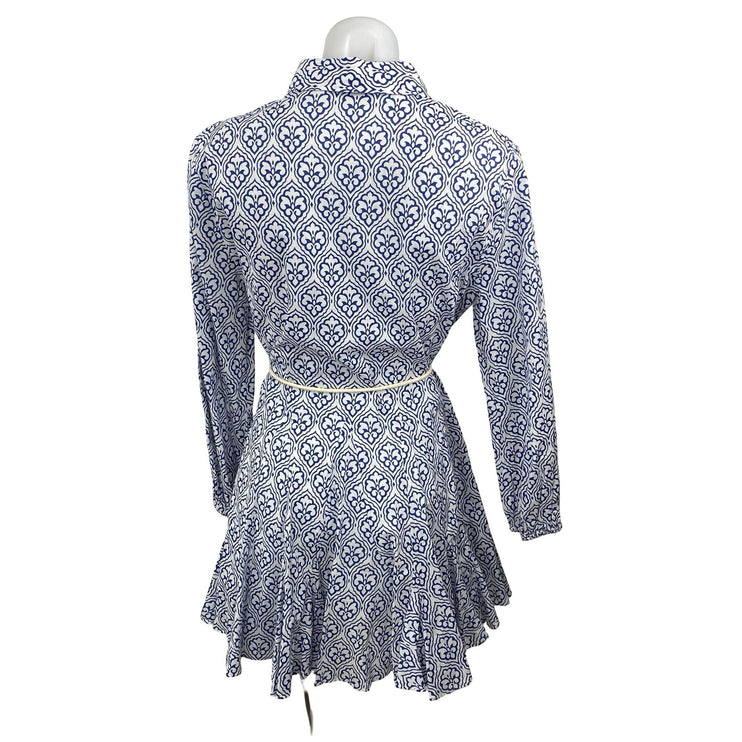 Zara Women's Geometric Long Sleeve Button Up Rope Belt Mini A-Line Shirt Dress S