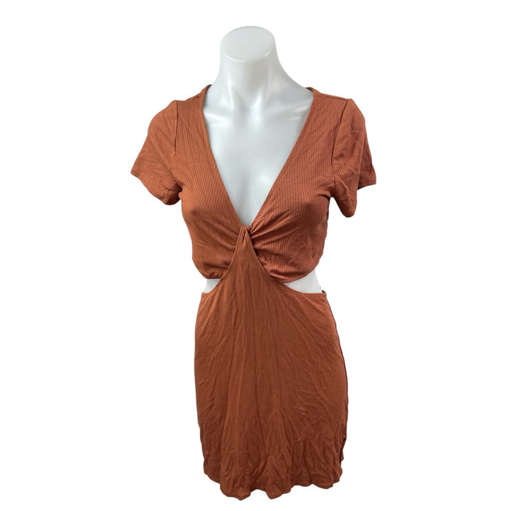 Abercrombie & Fitch Rust Brown Short Sleeve V Neck Rib Knit Cutout Mini Dress M