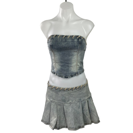 By DYLN Blue Strapless Bandeau Tube Crop Top Pleated Skirt Denim Jean 2 Pc Set S