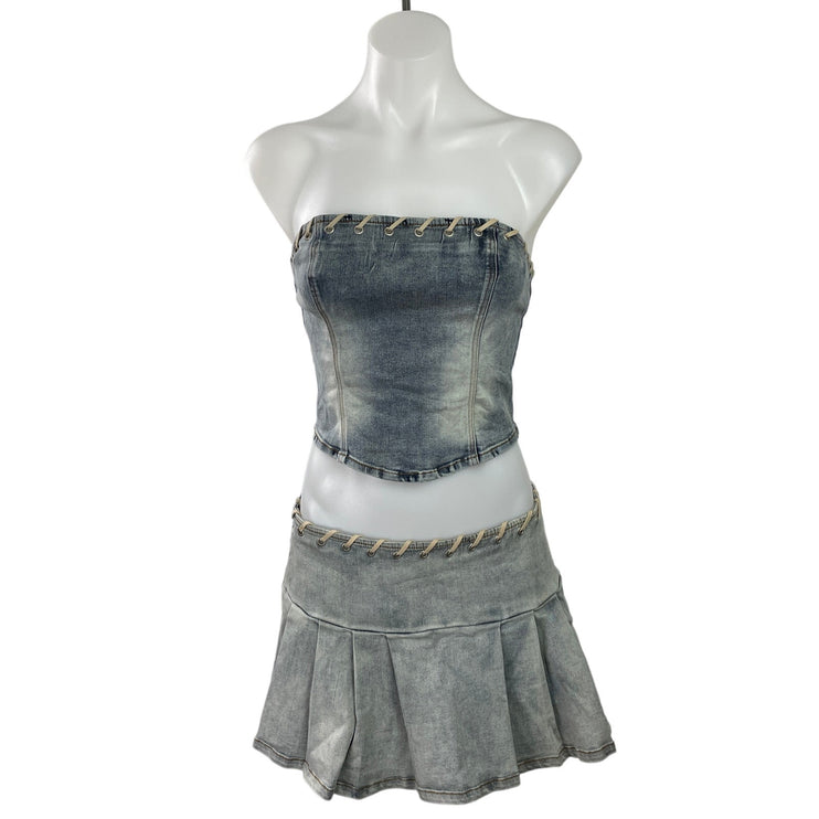 By DYLN Blue Strapless Bandeau Tube Crop Top Pleated Skirt Denim Jean 2 Pc Set S